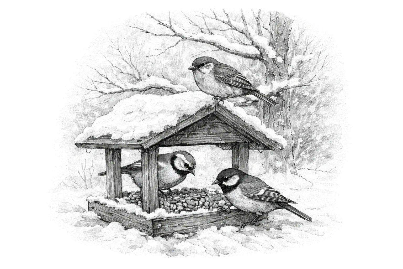 Oiseaux du jardin se nourrissant dans une mangeoire en hiver dans un jardin naturel