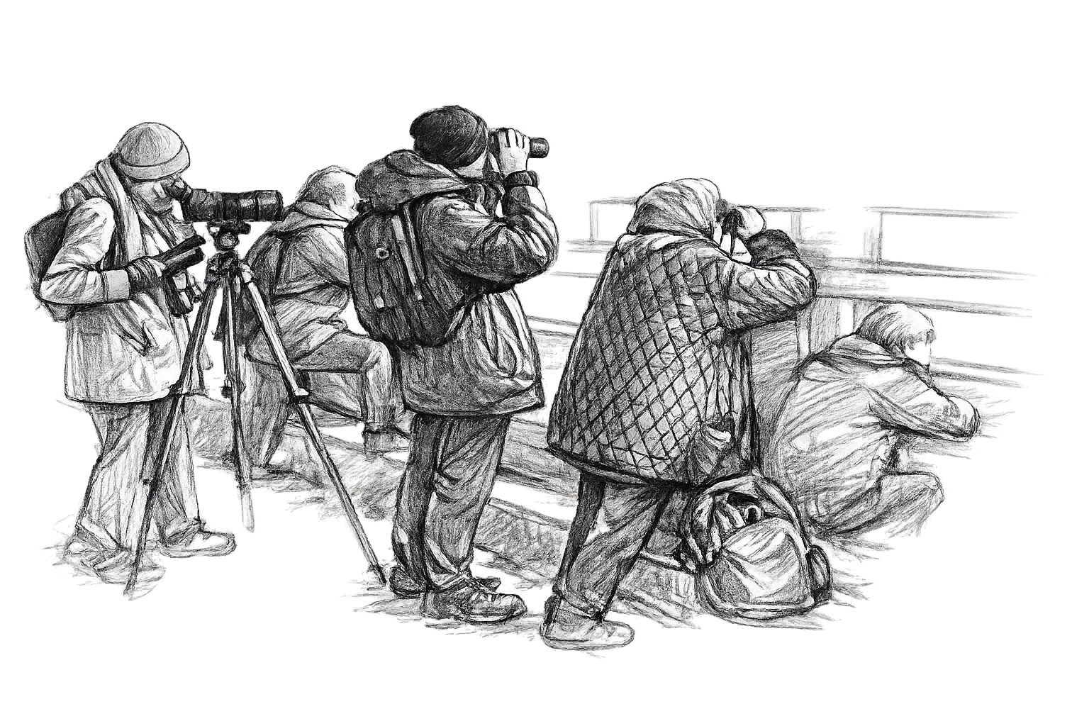 Group of birdwatchers inside a wooden hide, looking through the viewing slits with binoculars and a spotting scope on a tripod.