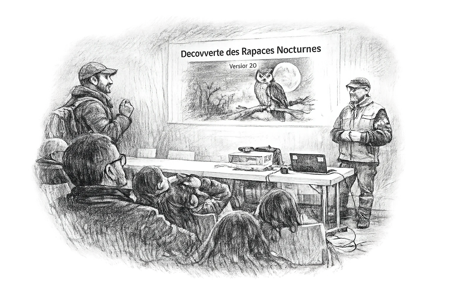 Croquis noir et blanc d’une conférence nature sur les chouettes et hiboux animée par Karuna Nature devant adultes et enfants.