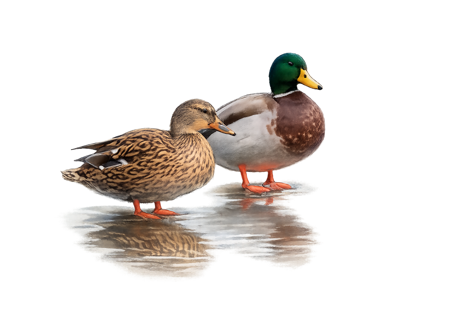 Mallard ducks on a pond in winter: female in the foreground, male in the background.