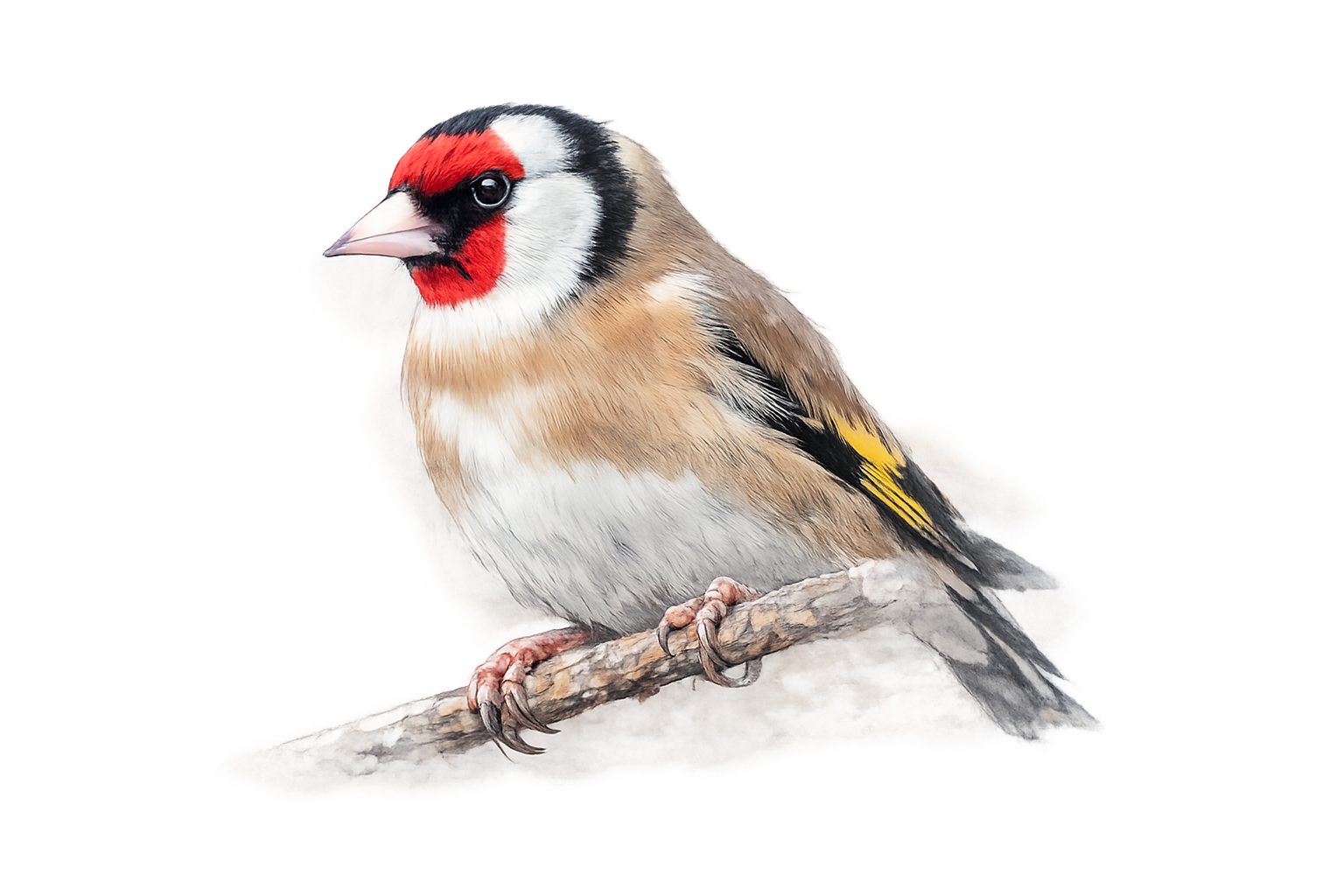 Chardonneret élégant adulte montrant le masque rouge et la bande jaune sur l’aile.